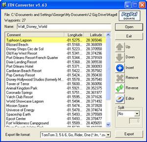 ITM Converter open and showing the list of existing POI's.